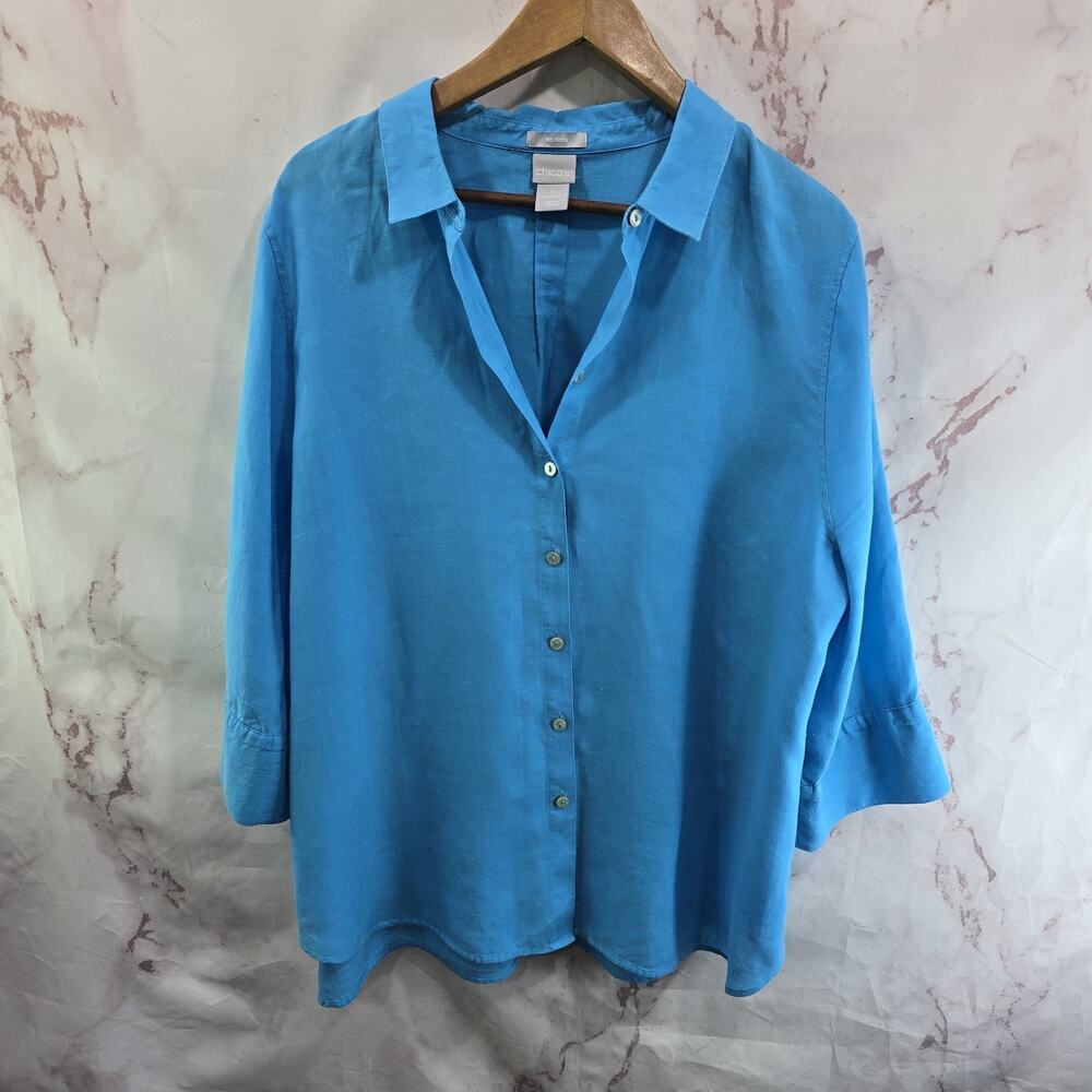 Chicos Shirt Womens XL 3 Blue Linen Button Up Iron Notch V Collared Oversized